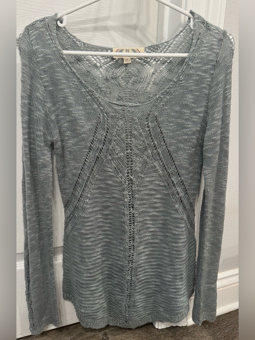 Pink Rose Light Gray Open-Knit Long Sleeve Top